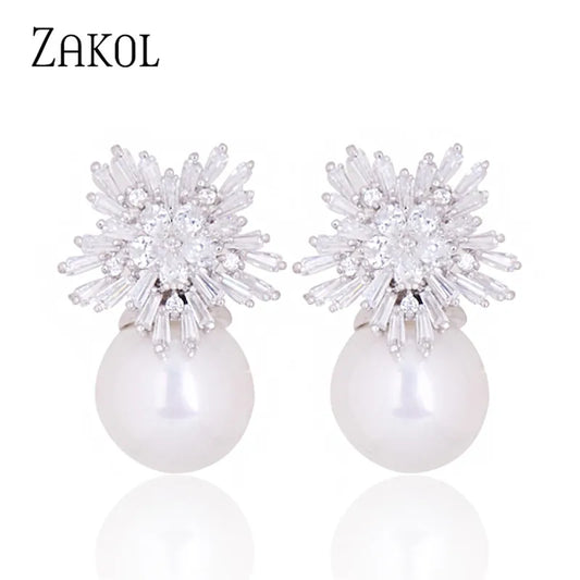 Newest Snowflake Flowers AAA Cubic Zirconia Pearl Drop Earrings for Women Fashion Jewelry Christmas Birthday Gifts EP2917