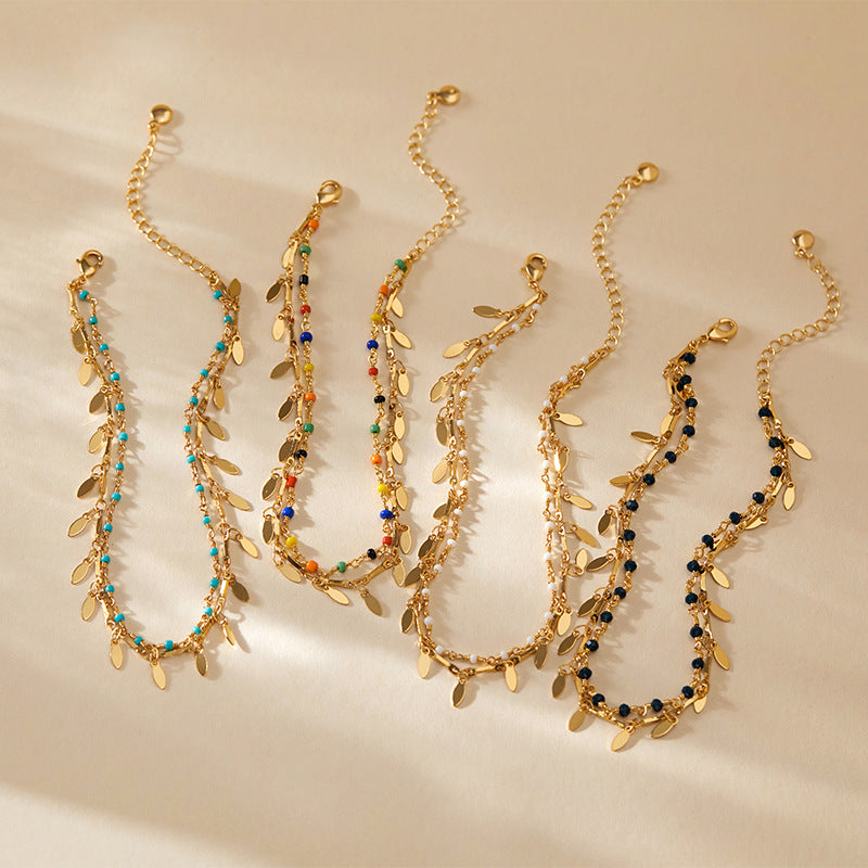 Gold Layered Leaf Charm Anklet – Retro Beach & Summer Jewelry