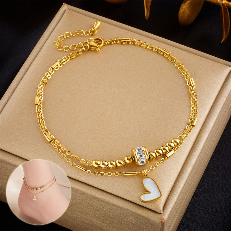 Gold Double-Layer Heart Anklet – Boho Chain Leg Jewelry
