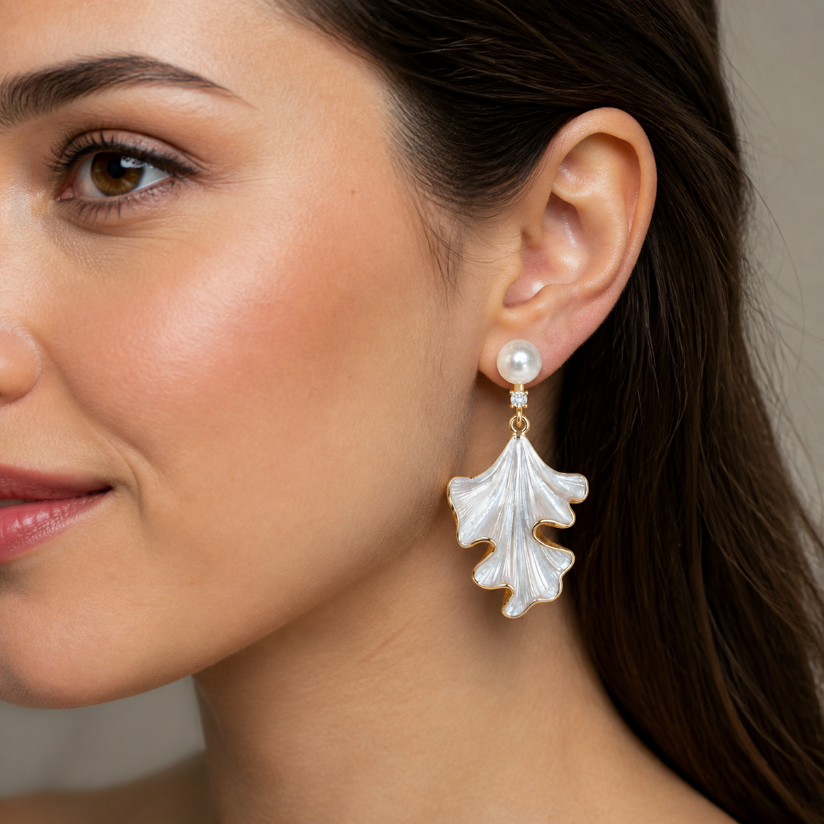 Pearl Drop Earrings with Leaf Design