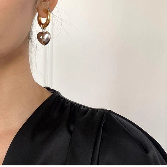 Minimalist Mixed Gold and Silver Heart Pendant Hoop Earrings