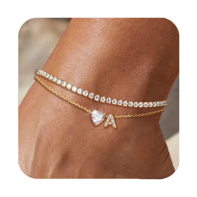 26 Letter Heart Zircon Layered Anklet