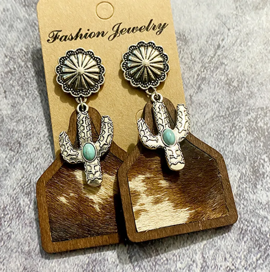 Women’s Western Boho Cowhide Leather & Horsehair Dangle Earrings – Cactus & Turquoise Styles