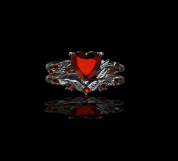 Gold Red Heart Zircon 2-Piece Stackable Ring Set for Women