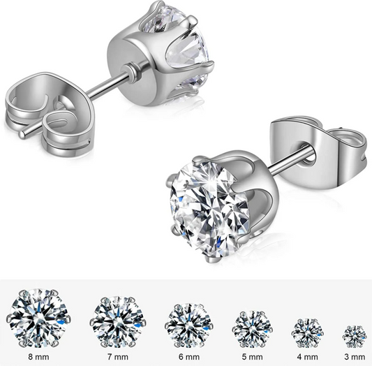 Women’s Stainless Steel Zircon Stud Earrings – Classic Six-Prong Setting