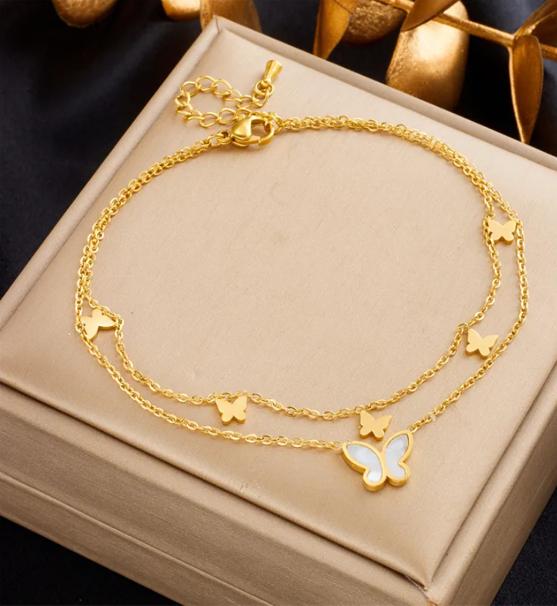 Women's Gold-Tone Matte & Mirror Finish Butterfly Charm Anklet