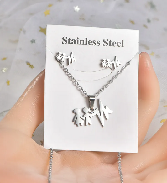 Silver Heartbeat & Couple Figure Necklace and Earrings Set for Women – Minimalist Stainless