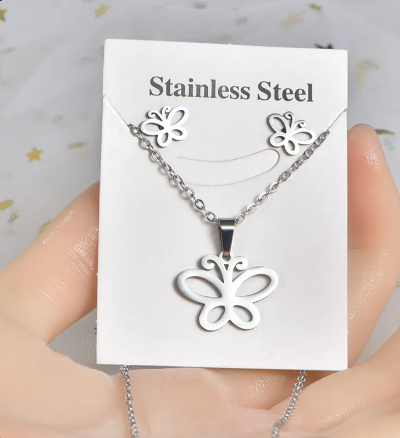 Silver Heartbeat & Couple Figure Necklace and Earrings Set for Women – Minimalist Stainless