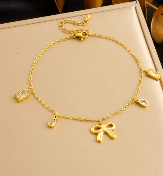 Women's Gold-Plated Stainless Steel Butterfly & Rectangular Crystal Anklet