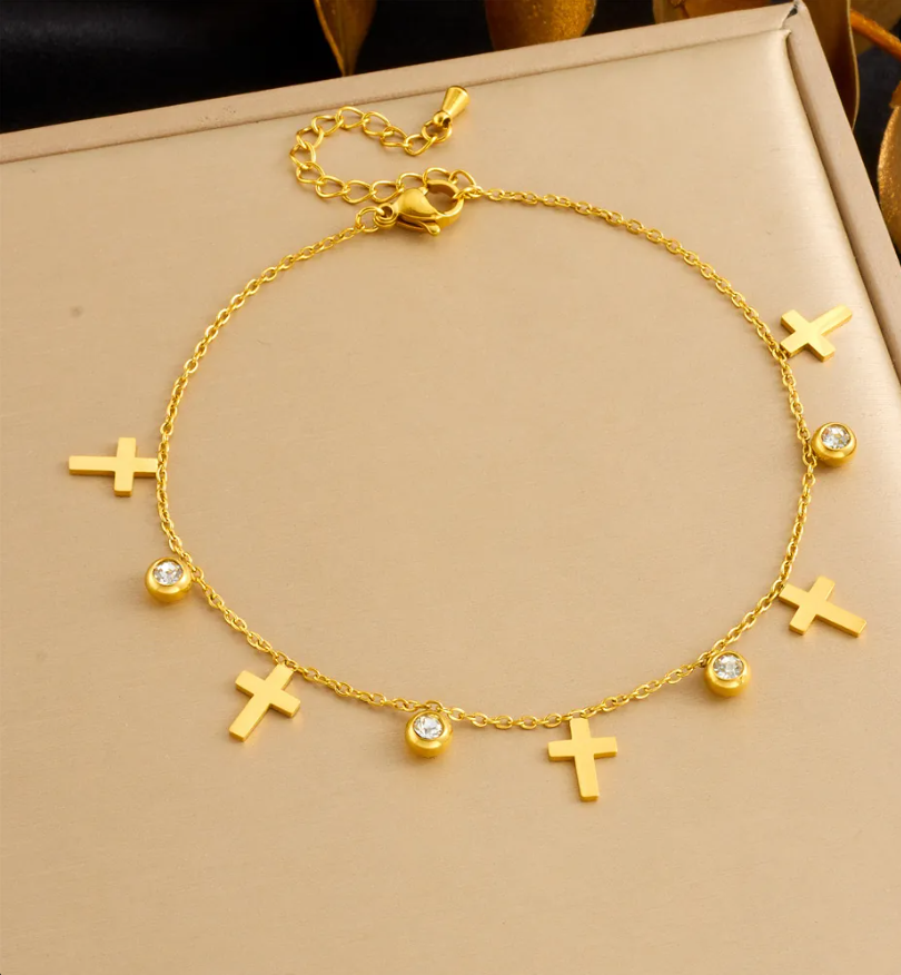 Women's Gold-Plated Stainless Steel Butterfly & Rectangular Crystal Anklet