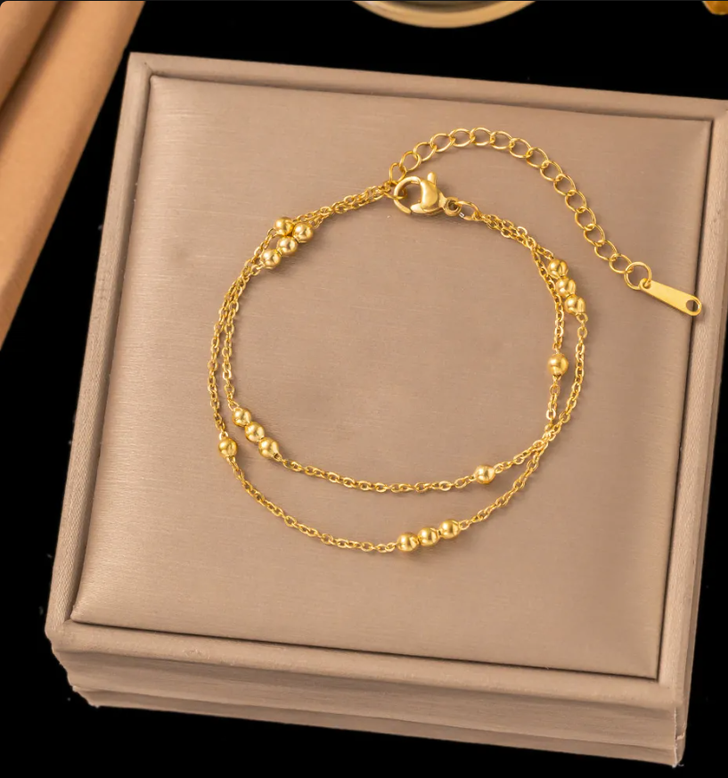 Women's Gold-Plated Stainless Steel Double-Layer Beaded Anklet