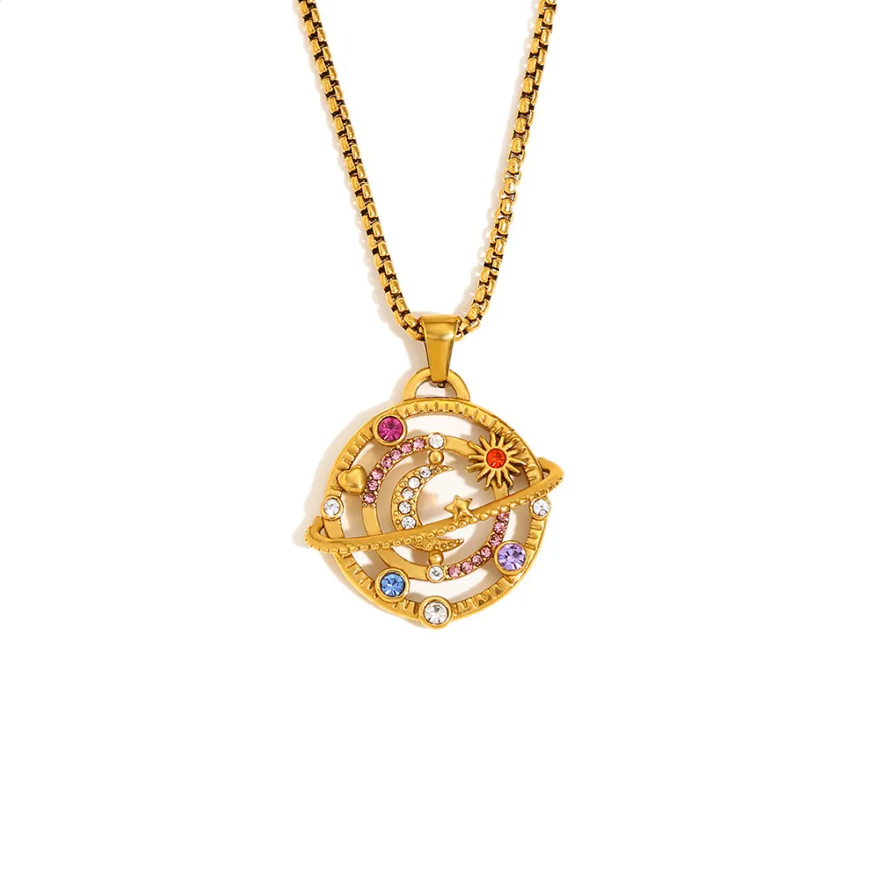 Gold Colorful Zircon Compass Pendant Necklace for Women – Elegant Celestial Jewelry