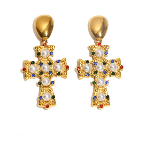 Gold Vintage Multicolor Rhinestone & Pearl Cross Drop Earrings for Women – Elegant