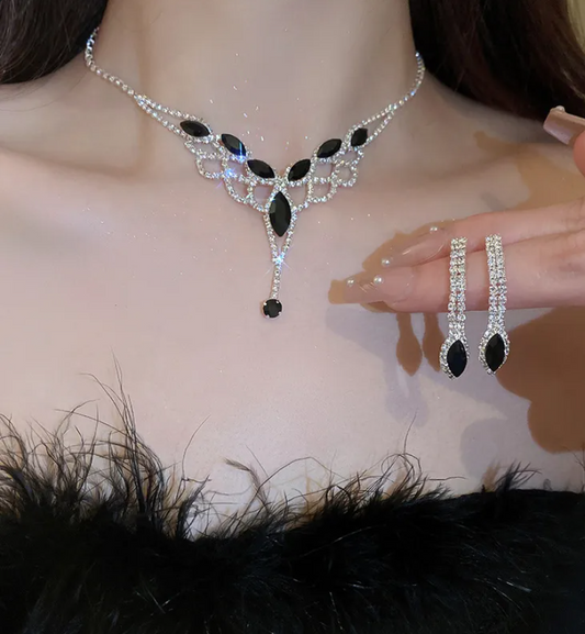 Silver Square Rhinestone Necklace & Stud Earrings Set for Women – Elegant Wedding Jewelry