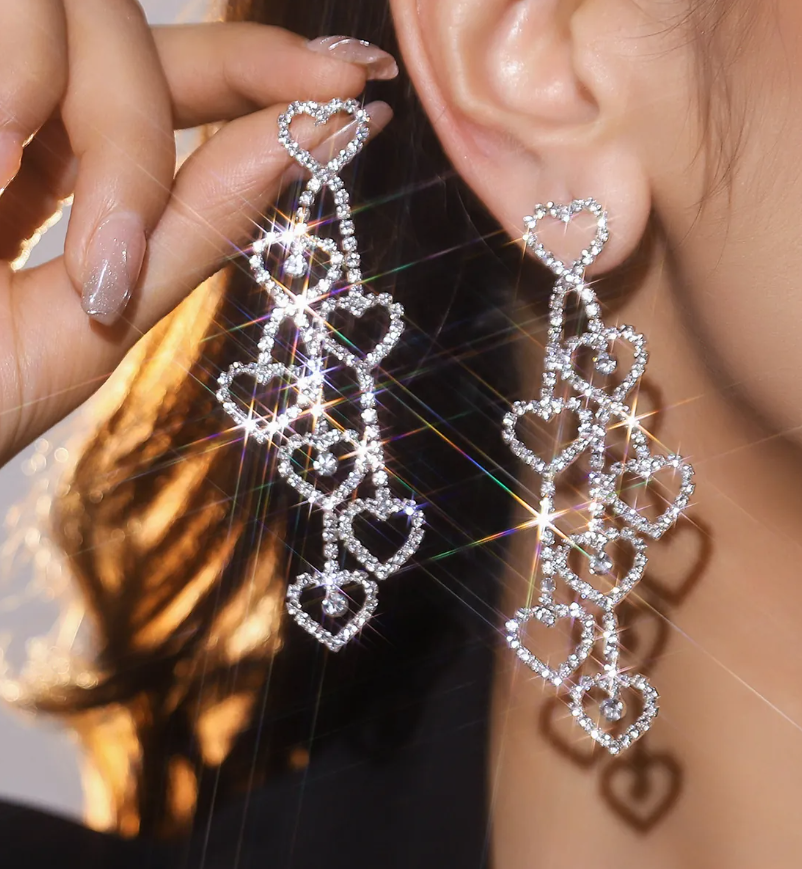 Silver Heart Full Rhinestone Tassel Drop Earrings for Women – Elegant Statement Jewelry