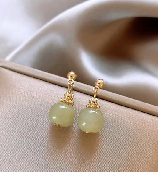 Gold Neo-Chinese Chalcedony Drop Earrings for Women – Elegant Vintage Jewelry