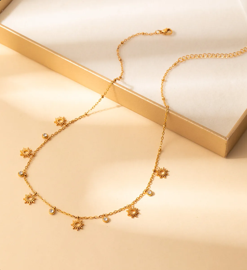 Gold Plated Sun Pendant Necklace for Women – Elegant Stainless Steel Celestial Jewelry