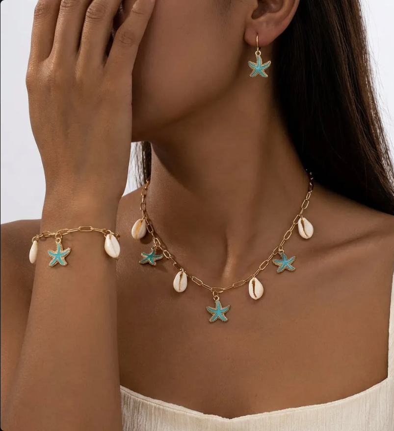 Blue Starfish & Shell Gold Plated Jewelry Set for Women – Ocean-Inspired Beach Jewelry