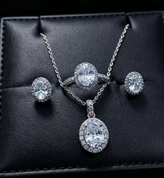 Gold Oval White Rhinestone 3-Piece Jewelry Set for Women – Elegant Necklace, Earrings & Ring