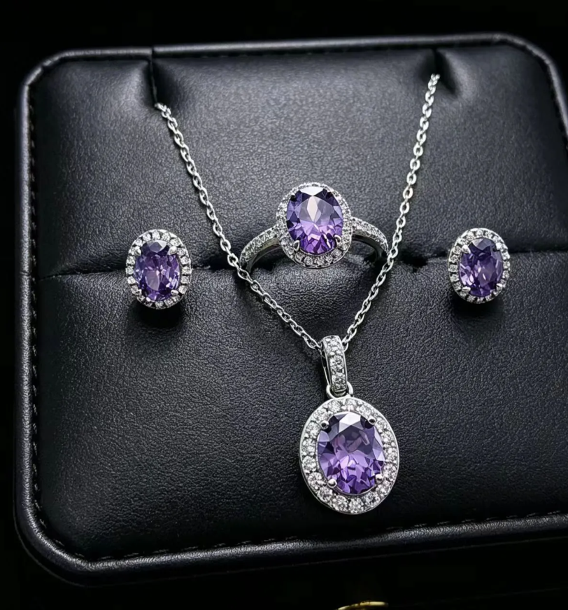 Gold Oval White Rhinestone 3-Piece Jewelry Set for Women – Elegant Necklace, Earrings & Ring