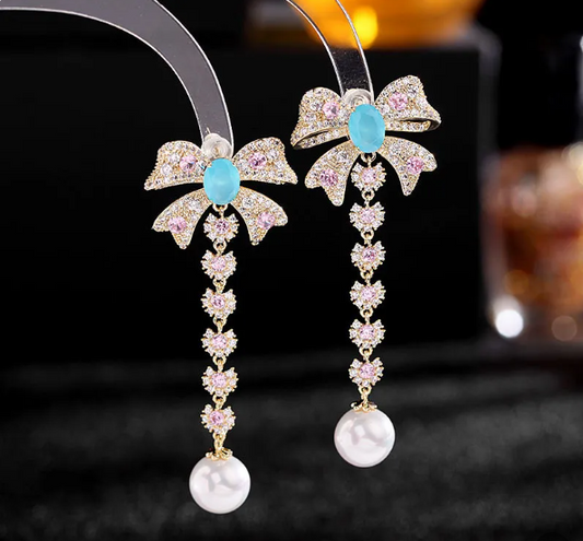 Zircon Bow Pearl Drop Earrings for Women