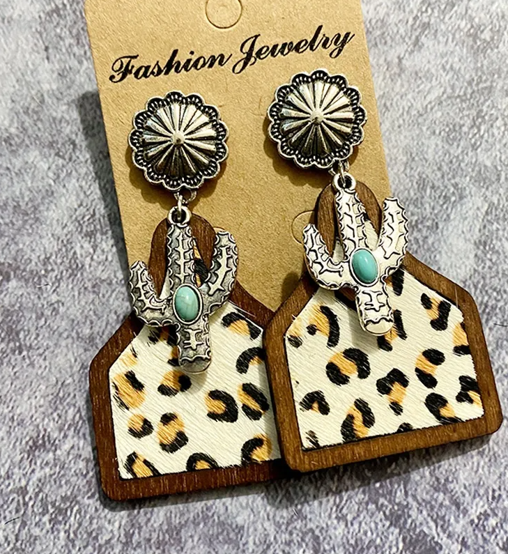 Women’s Western Boho Cowhide Leather & Horsehair Dangle Earrings – Cactus & Turquoise Styles