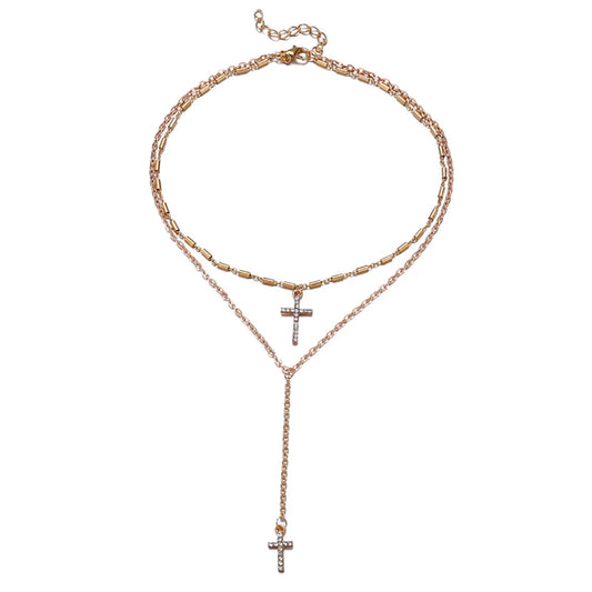 Fashion Gold Color Crystal Cross Necklaces Pendants Boho Double Layered Necklace Catholic Religious Christian Statement Jewelry