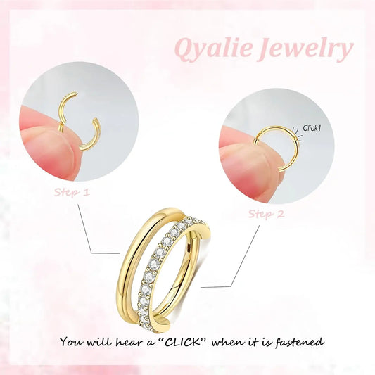 Women Trendy 14K Gold Plated Stainless Steel Small Cartilage Double-Hoop Helix Conch Piercing Earrings Cubic Zirconia Jewelry
