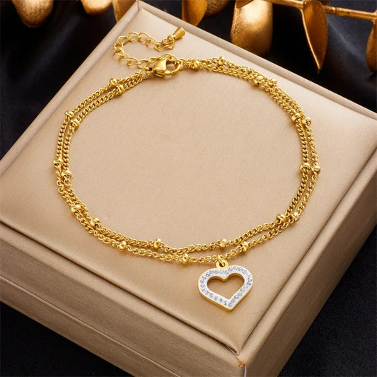 Seraphina Double-Layer Gold-Tone Charm Anklet – Heart, Butterfly, Shell & Pearl Details
