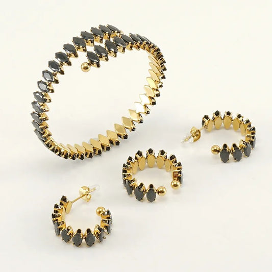 18K Gold-Plated Marquise Zircon Jewelry Set – Bracelet, Ring & Hoop Earrings