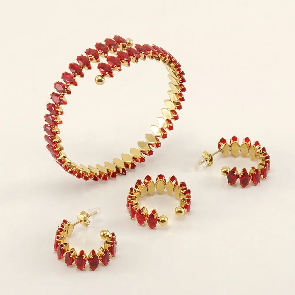 18K Gold-Plated Marquise Zircon Jewelry Set – Bracelet, Ring & Hoop Earrings