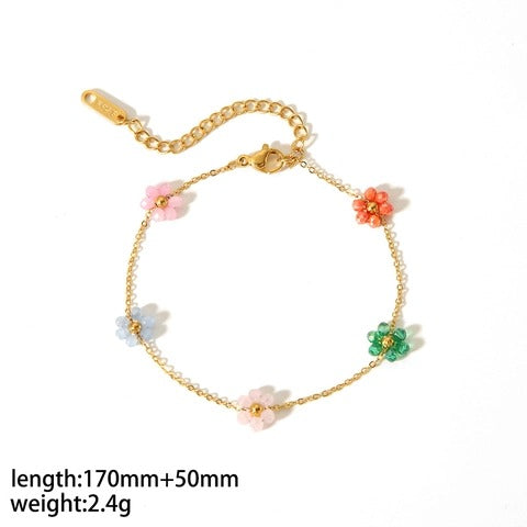 18K Gold-Plated Flower Jewelry Set – Necklace, Bracelet & Anklet with Colorful Beads