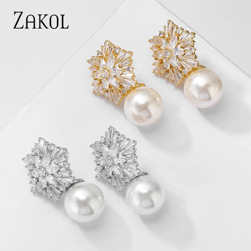 Newest Snowflake Flowers AAA Cubic Zirconia Pearl Drop Earrings for Women Fashion Jewelry Christmas Birthday Gifts EP2917