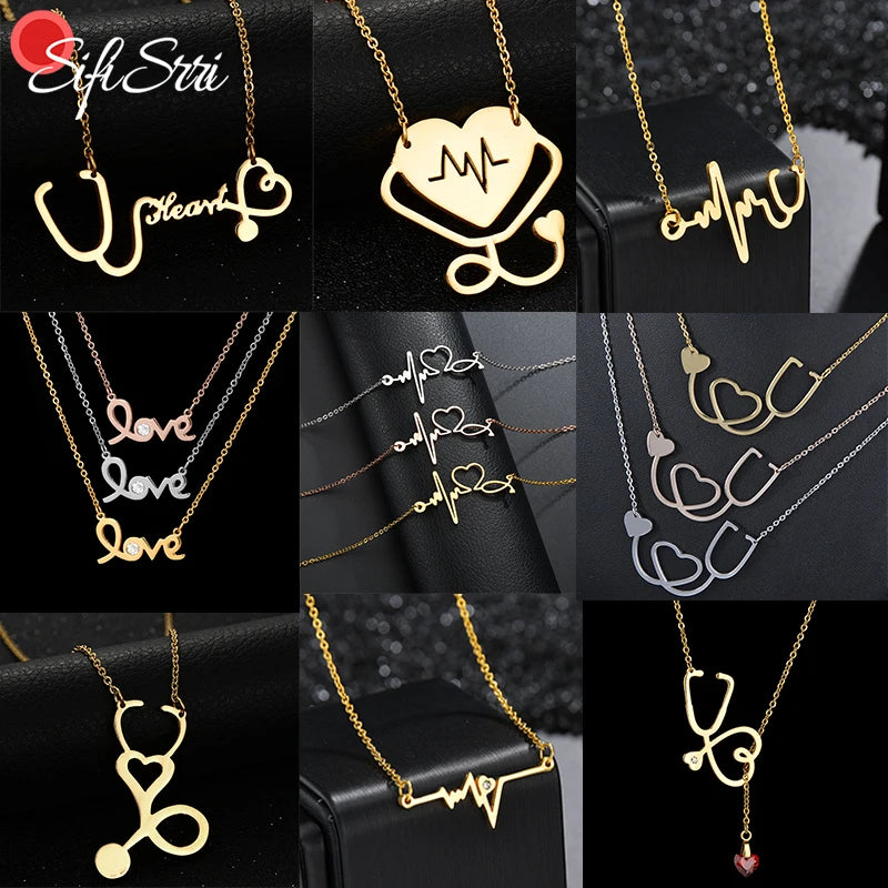 Sifisrri Stethoscope Heartbeat Gold Color Pendants Necklace Stainless Steel for Women Heart Love Valentine'S Day Jewelry Gift