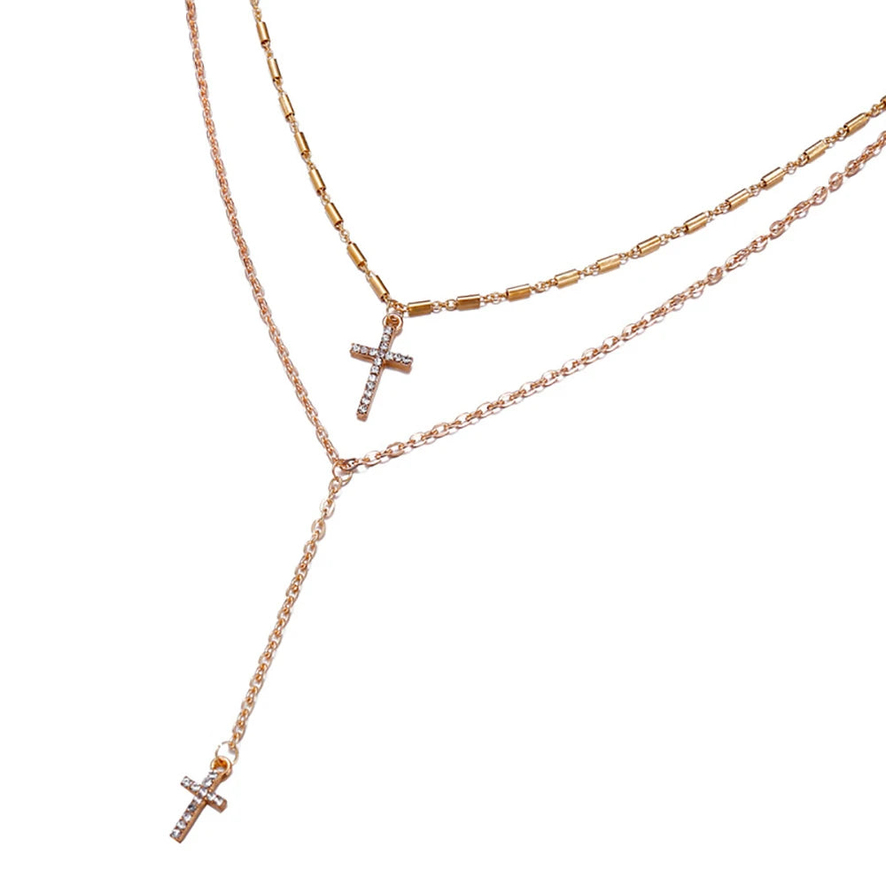 Fashion Gold Color Crystal Cross Necklaces Pendants Boho Double Layered Necklace Catholic Religious Christian Statement Jewelry
