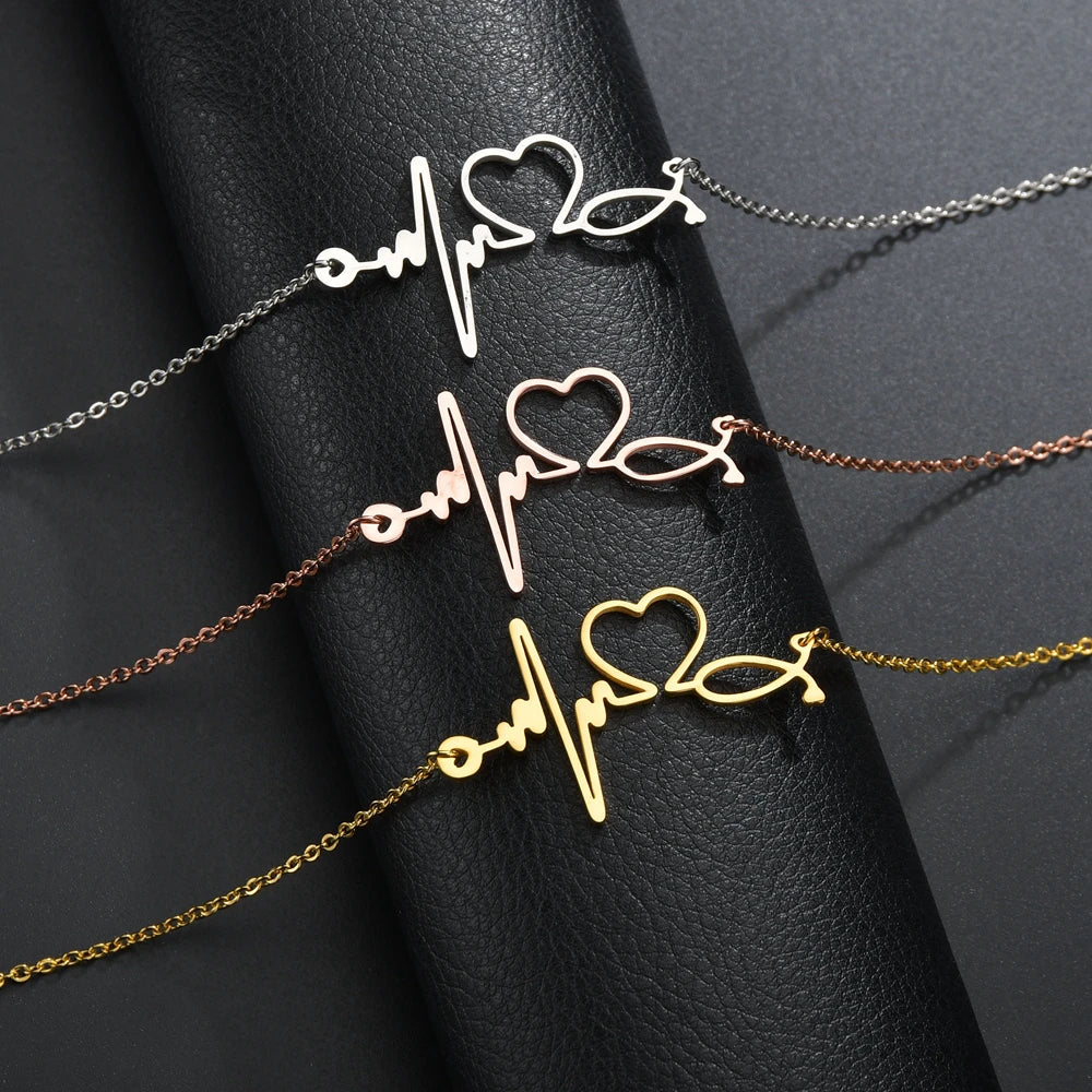 Sifisrri Stethoscope Heartbeat Gold Color Pendants Necklace Stainless Steel for Women Heart Love Valentine'S Day Jewelry Gift