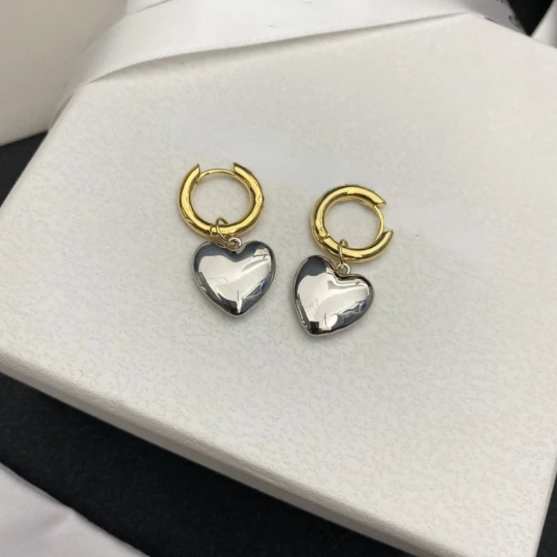 Minimalist Mixed Gold and Silver Heart Pendant Hoop Earrings 