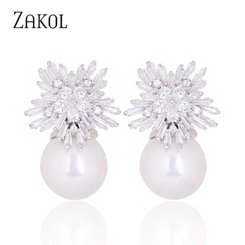 Newest Snowflake Flowers AAA Cubic Zirconia Pearl Drop Earrings for Women Fashion Jewelry Christmas Birthday Gifts EP2917