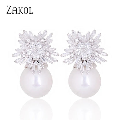 Newest Snowflake Flowers AAA Cubic Zirconia Pearl Drop Earrings for Women Fashion Jewelry Christmas Birthday Gifts EP2917