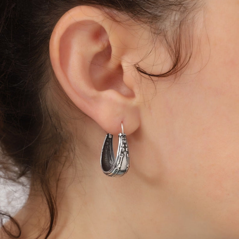 Vintage Carved Pattern Silver Earrings