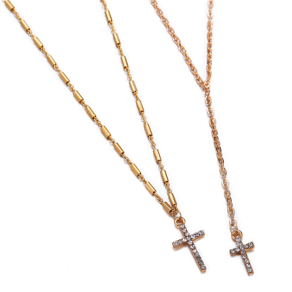 Fashion Gold Color Crystal Cross Necklaces Pendants Boho Double Layered Necklace Catholic Religious Christian Statement Jewelry