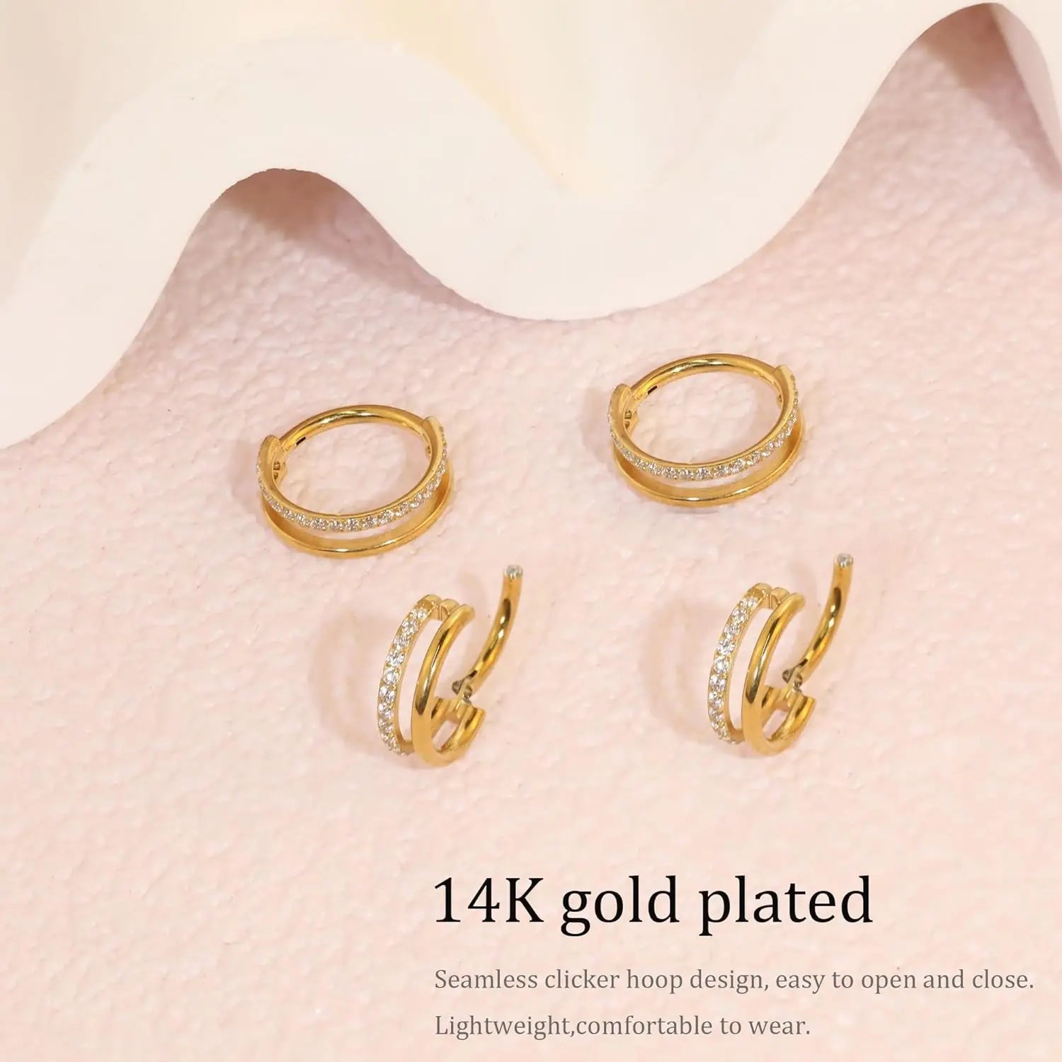 Women Trendy 14K Gold Plated Stainless Steel Small Cartilage Double-Hoop Helix Conch Piercing Earrings Cubic Zirconia Jewelry