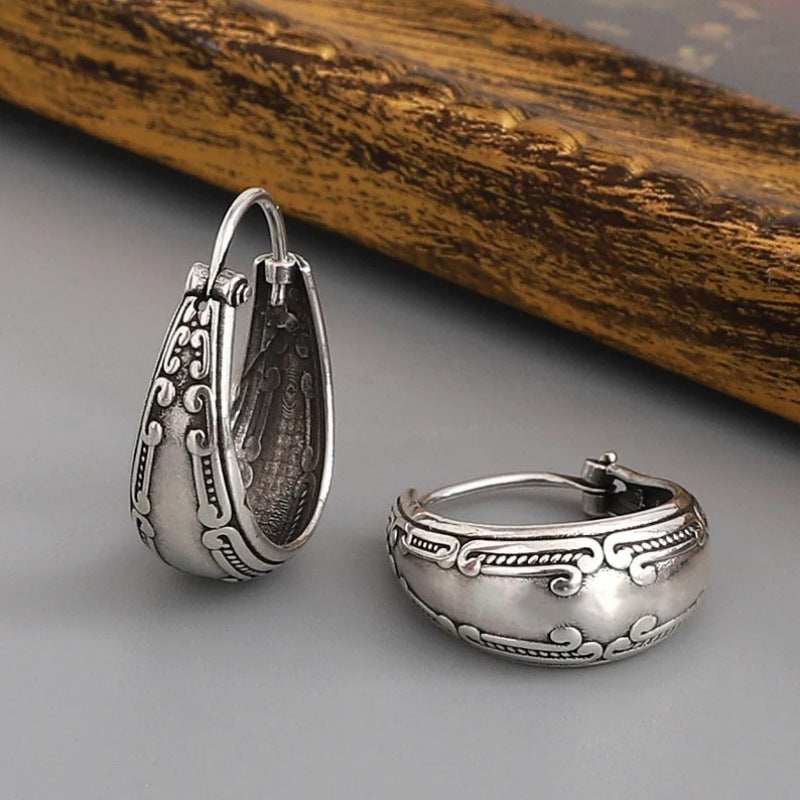 Vintage Carved Pattern Silver Earrings