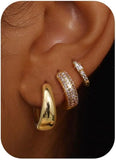 3Pcs Women 18K Gold Plated Chunky CZ Hoops Earrings for Sensitive Ears Non Tarnish Huggie Earring Stacks for Multiple Piercing