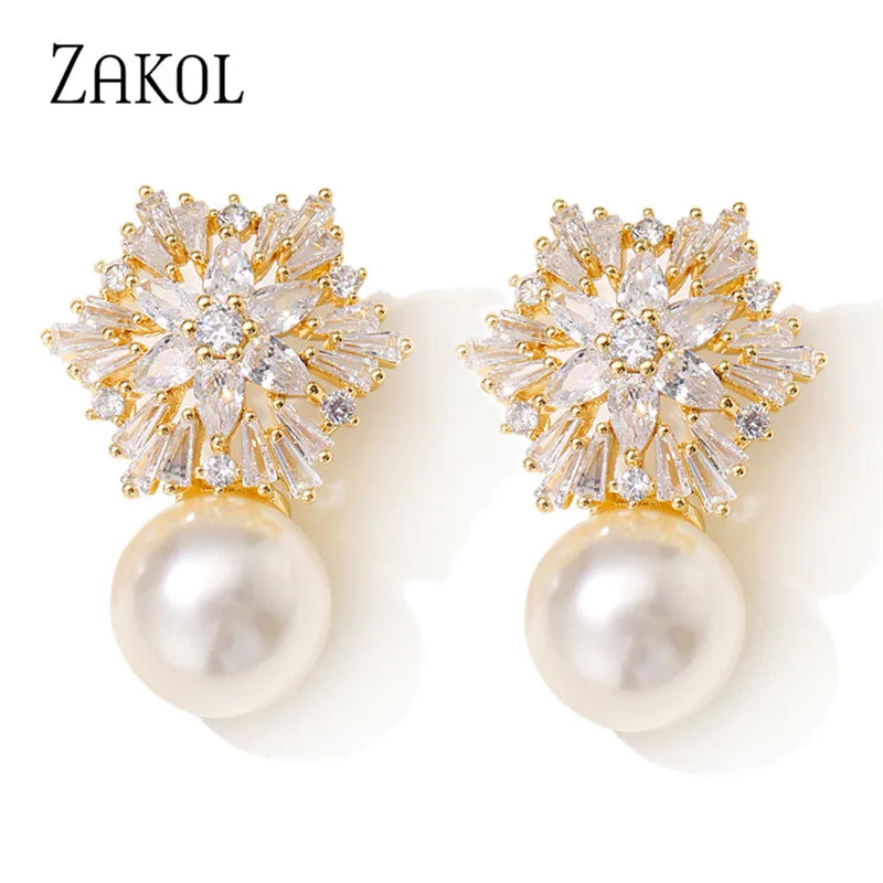 Newest Snowflake Flowers AAA Cubic Zirconia Pearl Drop Earrings for Women Fashion Jewelry Christmas Birthday Gifts EP2917