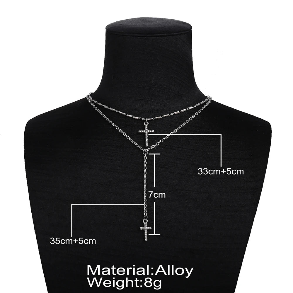 Fashion Gold Color Crystal Cross Necklaces Pendants Boho Double Layered Necklace Catholic Religious Christian Statement Jewelry
