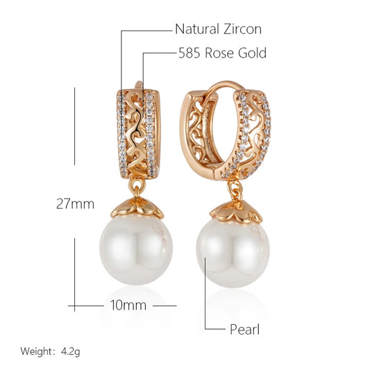 Luxury 585 Rose Gold Color Pearl Drop Earrings for Women Unique Hollow Pattern Natural Zircon Bridal Wedding Fine Jewelry