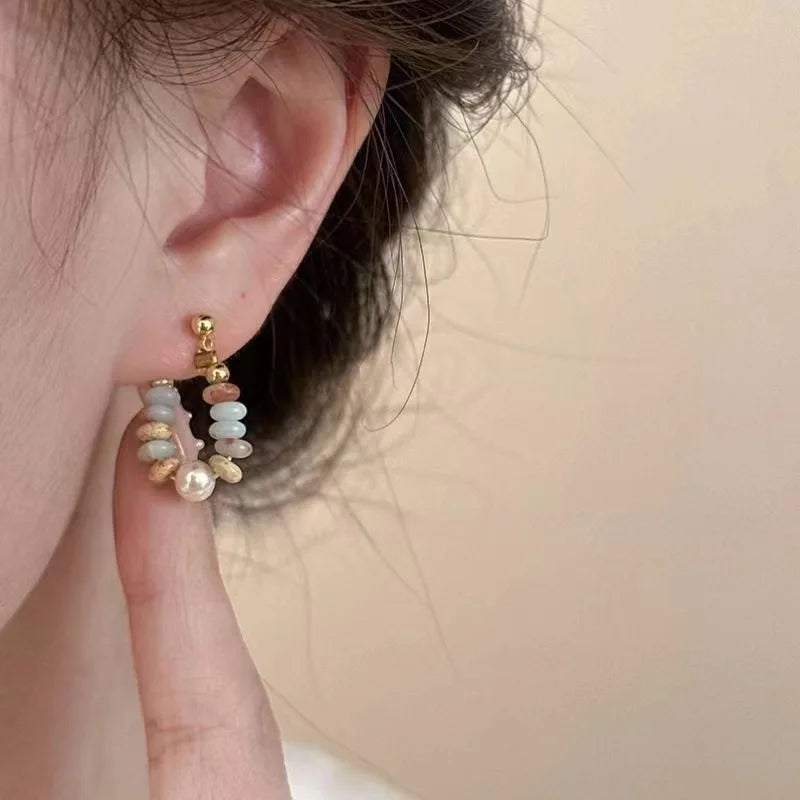 Chic Colorful Stone Beaded Hoop Earrings for Women Sweet Gold Color Metal Earrings Korean Daily Wear Jewelry