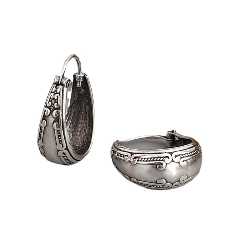Vintage Carved Pattern Silver Earrings