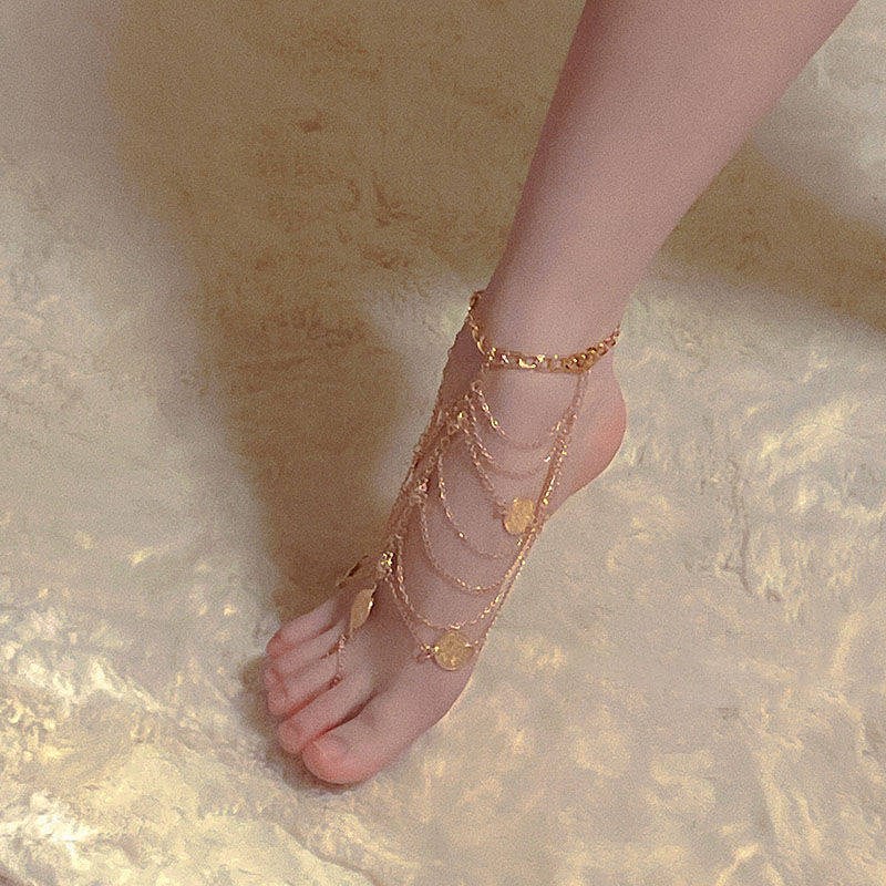 Women’s Gold Retro Tassel Anklet – Layered Chain Fashion Jewelry